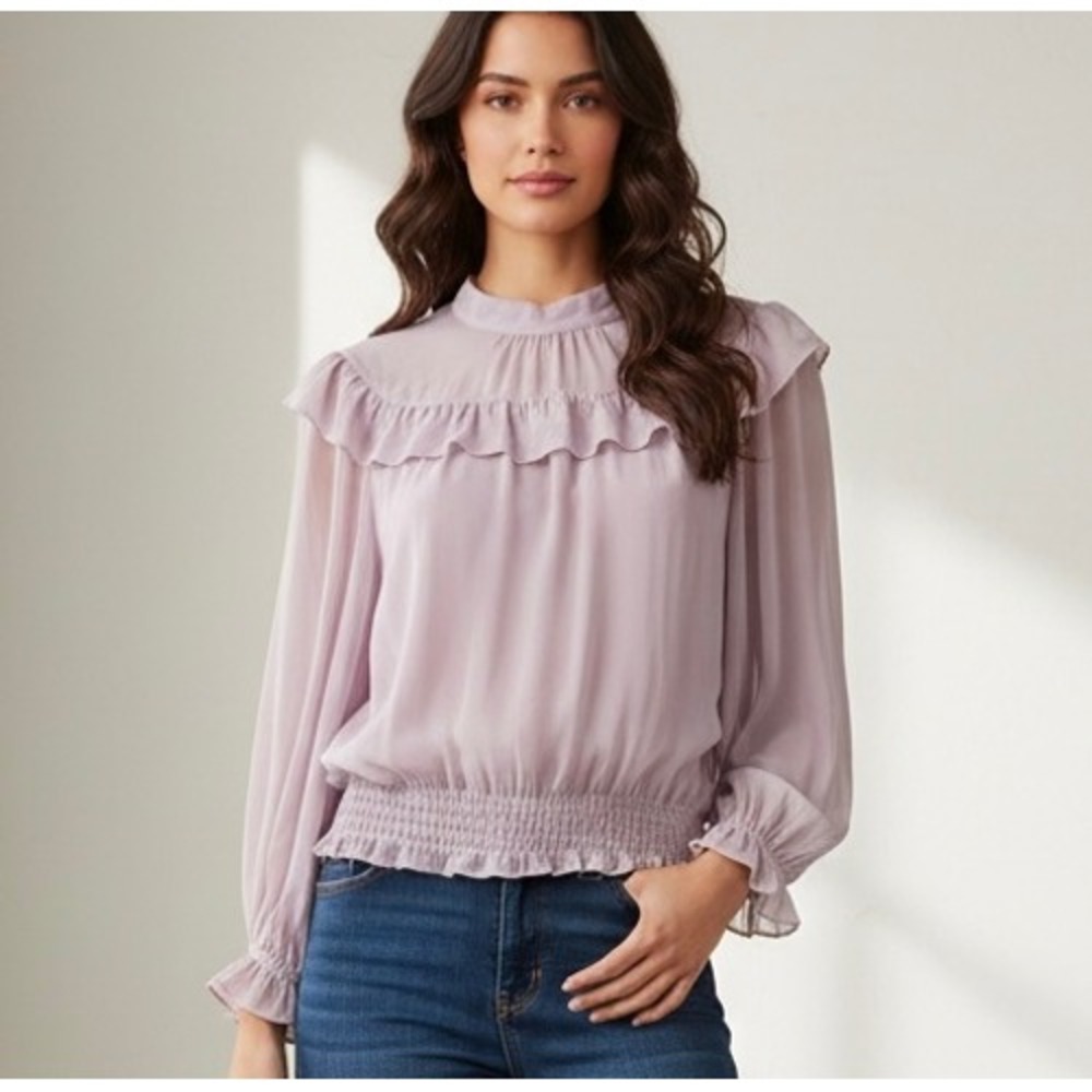 Ann Taylor Ruffle Mock Neck sheer Smocked Hem Blouse Dusty Rose Pink XL NEW